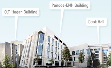 Hogan, Pancoe-ENH and Cook Hall, seen from the southeast and labelled