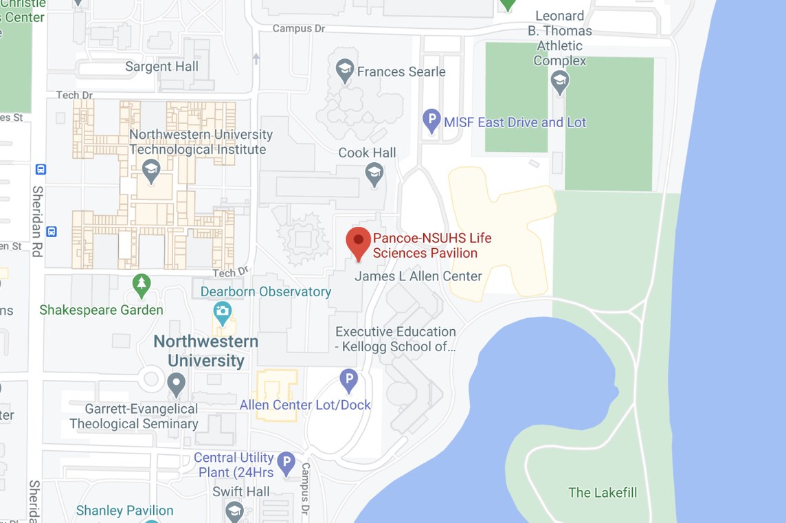 Map of the Evanston campus with the Pancoe Life Sciences Pavilion marked